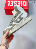 Side view of the white and khaki high-top sneaker with a large side logo detail