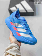 Close side view of the blue Adidas sneaker showing silver side panels, red accents and visible Lightstrike Zero branding on the midsole.