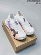 Pair of white On slip-on running shoes with purple, peach, and black accents displayed on a shoebox; image text shows 2607JXD1091A21 and 36–45.