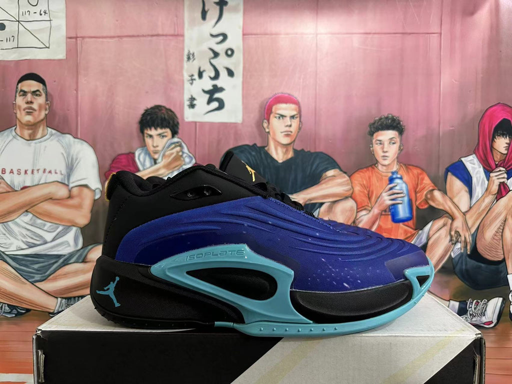 Side view showing blue panels, aqua midsole details, and black heel on a Jordan basketball shoe.