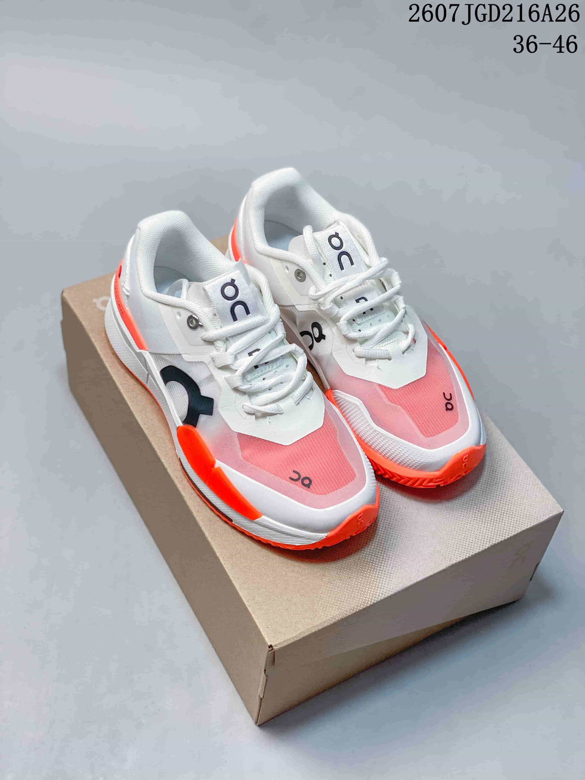 Pair of white On THE ROGER Pro 2 sneakers with pink panels and bright orange outsole accents displayed on a shoebox; image text shows style code 2607JGD216A26 and sizes 36-46.