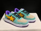 Front three-quarter view of the pair highlighting the beige perforated toe panels, black laces, and contrasting multicolor upper.