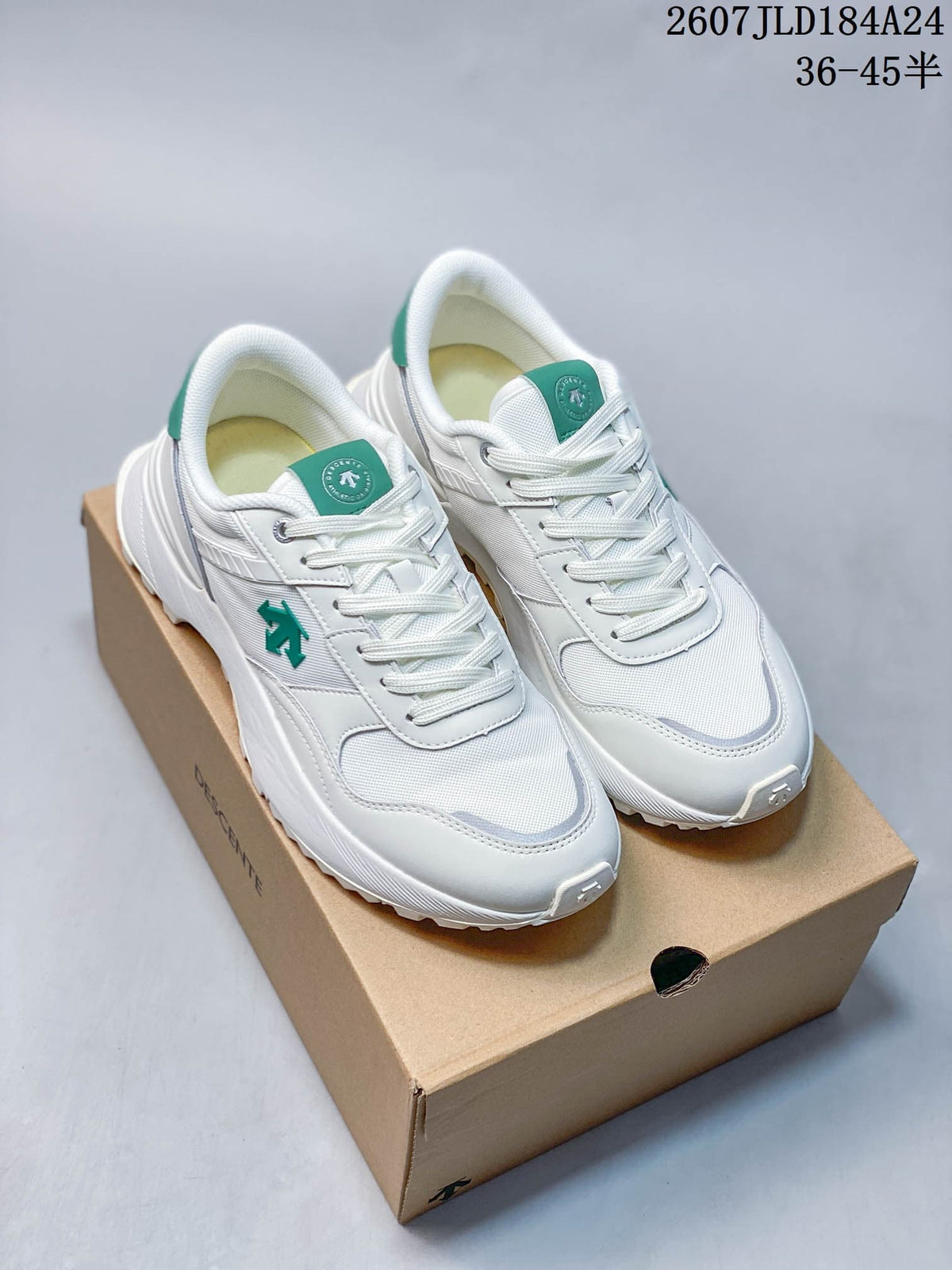 Pair of white and green DESCENTE Chron low-top sneakers displayed on a branded shoe box; source overlay shows style code 2607JLD184A24 and size range 36–45.5.