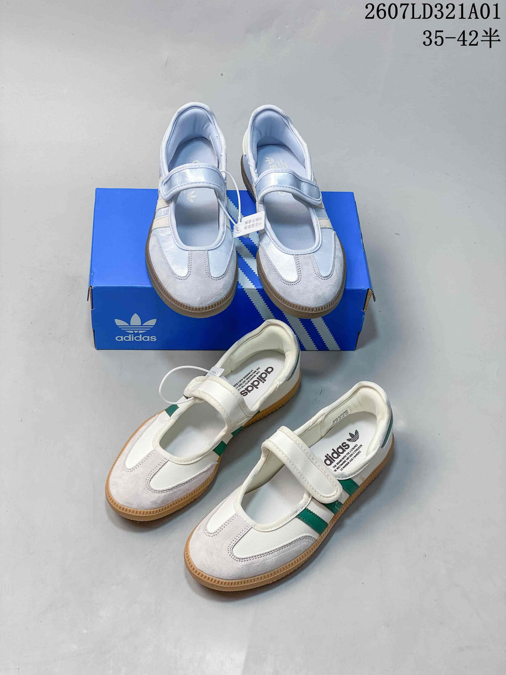 Pale blue and white-and-green Samba Jane sneakers shown together.
