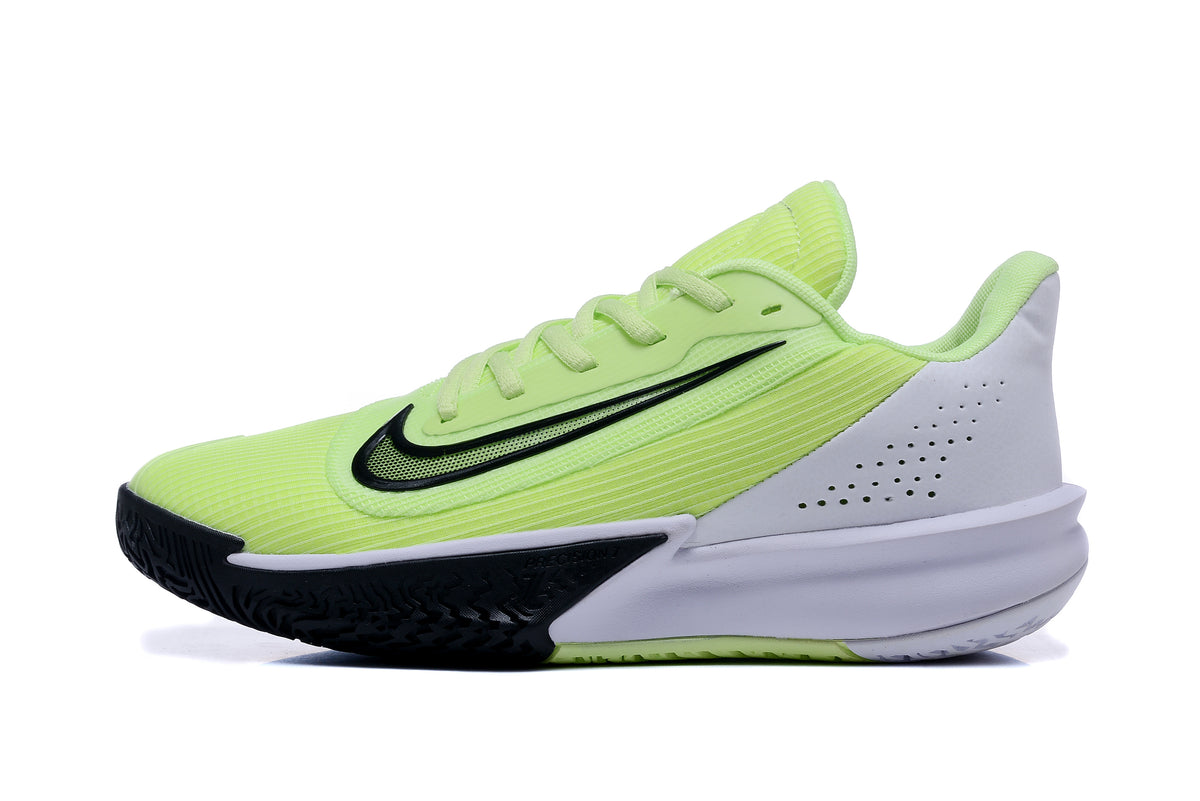 Side view of a Nike Precision 7 shoe with a black Swoosh and white heel panel.