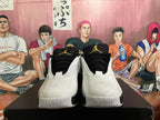 Front view of white and black Jordan sneakers showing black tongues, laces and Jumpman logos.