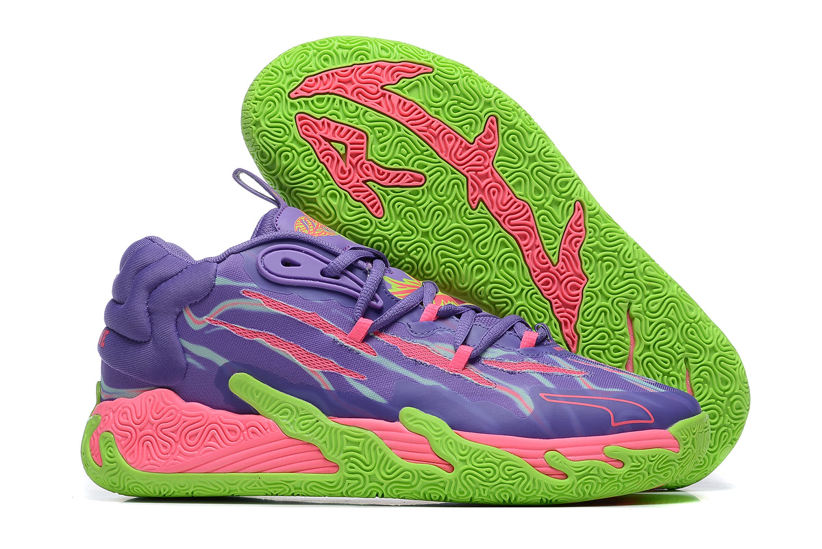 Purple basketball shoe with bright green and pink outsole details.