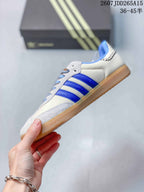 Side profile showing the blue three-stripe detailing, white upper, and low-top silhouette.