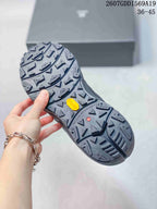 Underside view of a KAILAS shoe showing a deeply lugged outsole with visible Vibram branding and overlay text showing sizes 36–45.