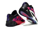 Rear and outsole views of black Jordan Luka 3 shoes with purple and magenta accents
