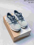 Gray On Cloud X4 sneakers with black laces shown on a shoe box; source text displays style code 2607JJD210A20 and size range 36–45.5.