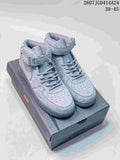 Gray Nike Air Force 1 '07 Mid sneakers displayed on a shoebox, with the style code and size range visible above.
