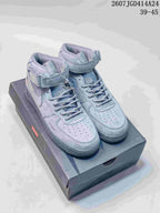 Gray Nike Air Force 1 '07 Mid sneakers displayed on a shoebox, with the style code and size range visible above.