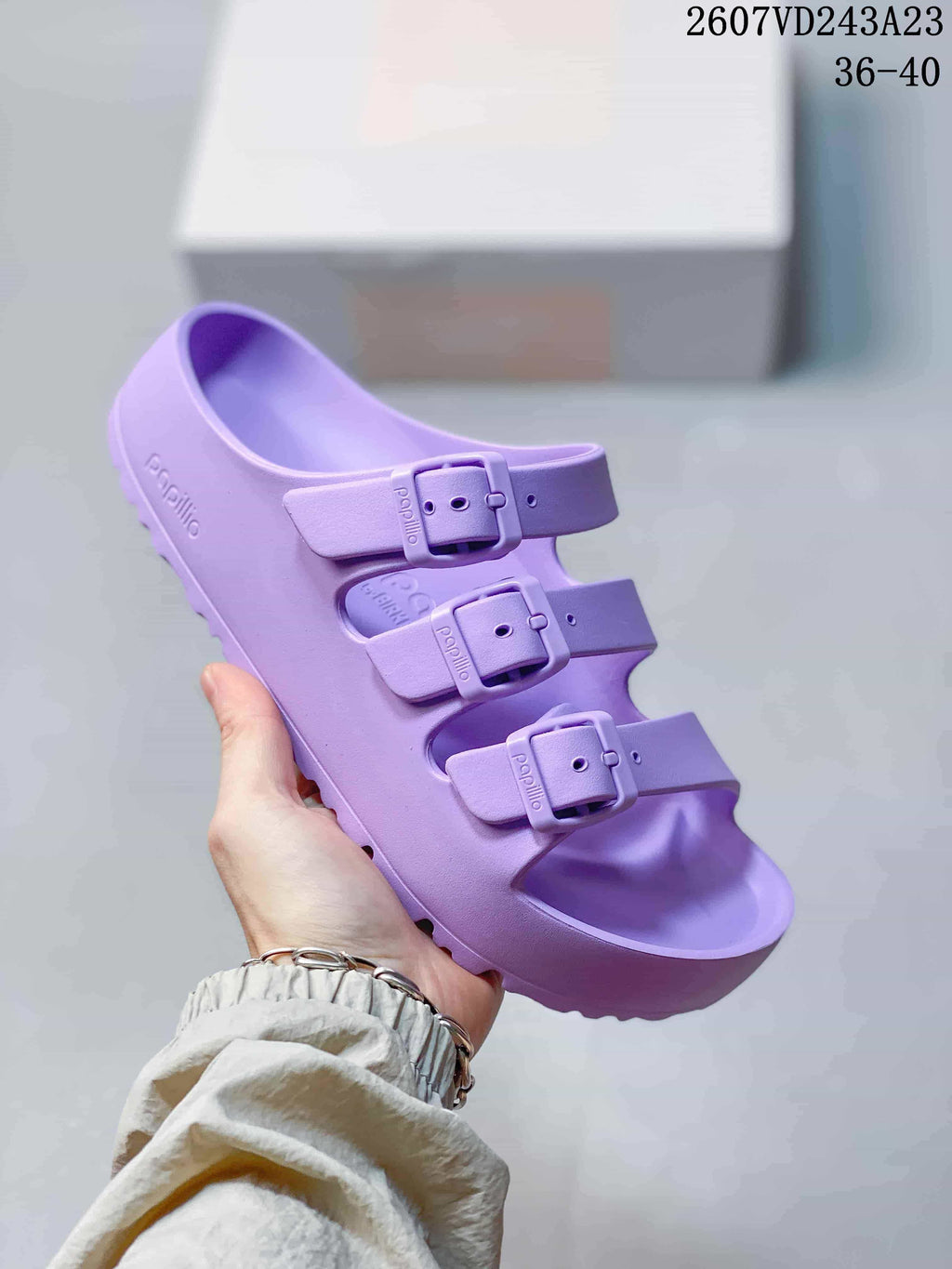 Purple Papillio three-strap sandal shown from an angled front view.