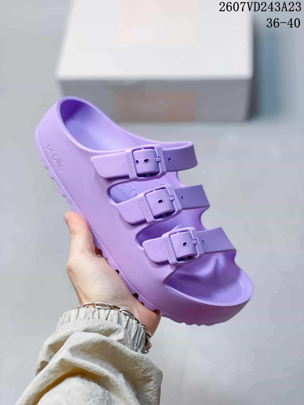 Purple Papillio three-strap sandal shown from an angled front view.