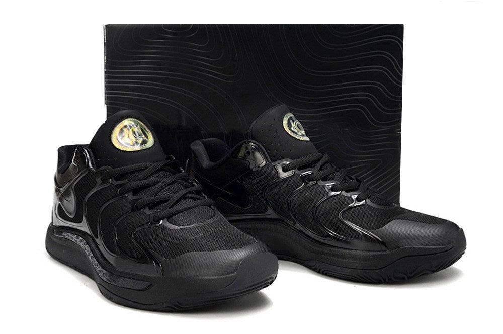 Pair of Nike KD 17 shoes in an all-black color combination.