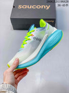 Side view of the white and aqua Saucony Endorphin Speed 5 shoe