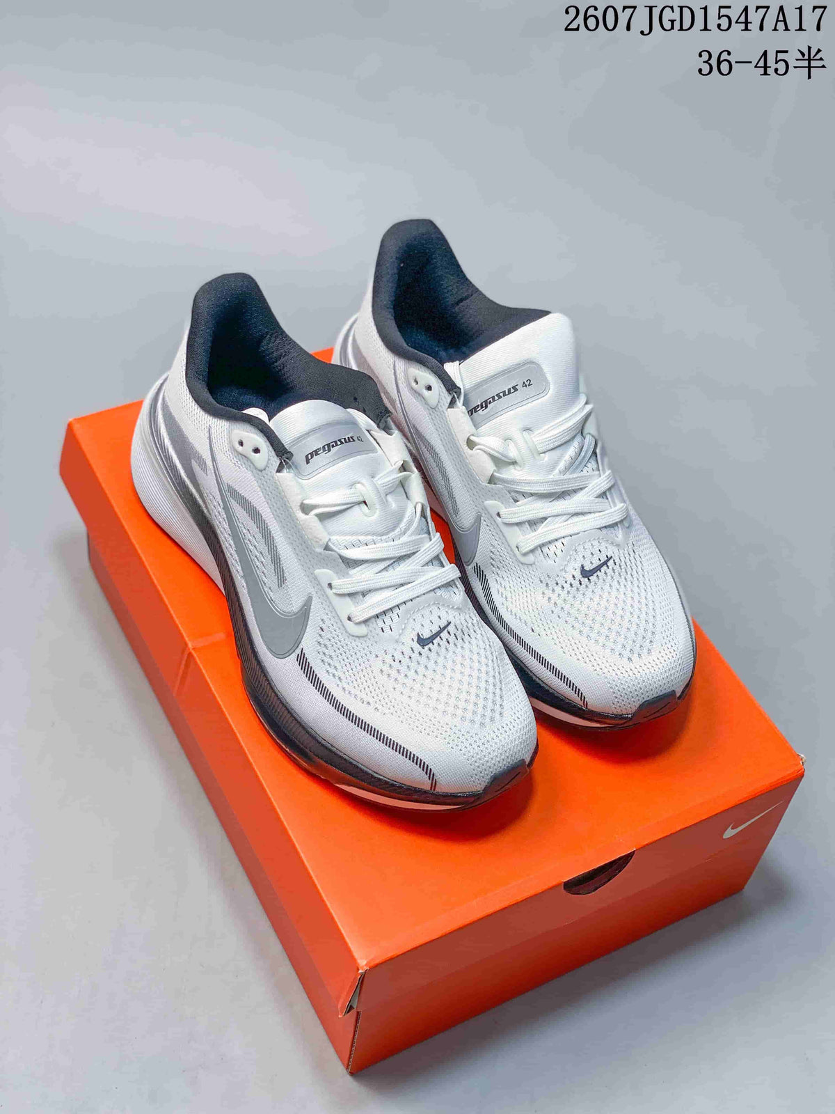 Pair of white, gray, and black Nike Pegasus 42 running shoes displayed on an orange shoebox; overlay text shows style reference 2607JGD1547A17 and sizes 36–45.