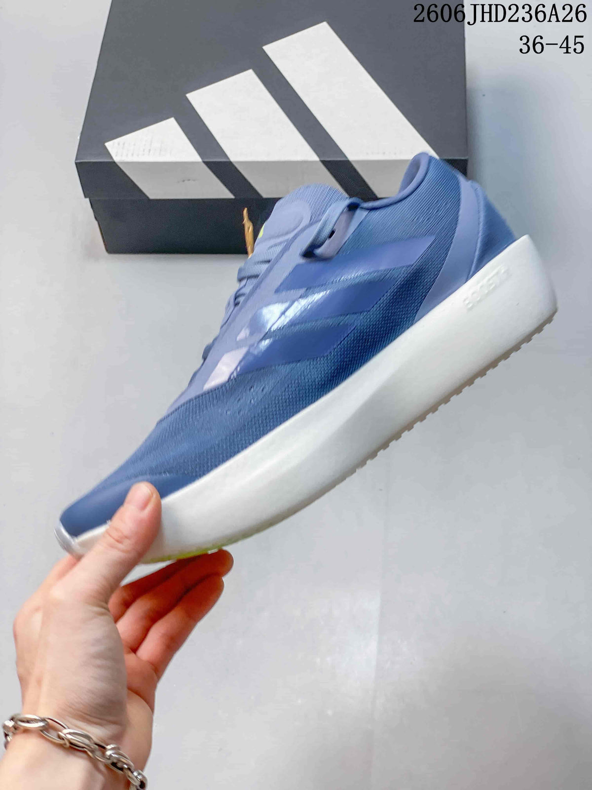 Side view of the blue adidas ZenBoost shoe with three-stripe detailing.