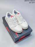 Pair of white low-top Nike Air Jordan 1 sneakers displayed on a black-and-red shoebox; overlay shows style code 2607NY1166A16 and size range 36–45.5.