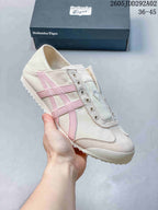 Cream Onitsuka Tiger slip-on sneaker with pink side stripes