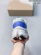 Rear view showing the blue heel panel and sculpted white sole