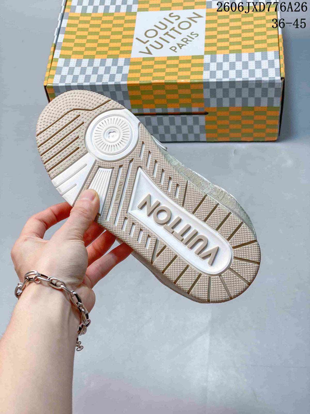 Close-up of the patterned outsole on a Louis Vuitton Trainer sneaker