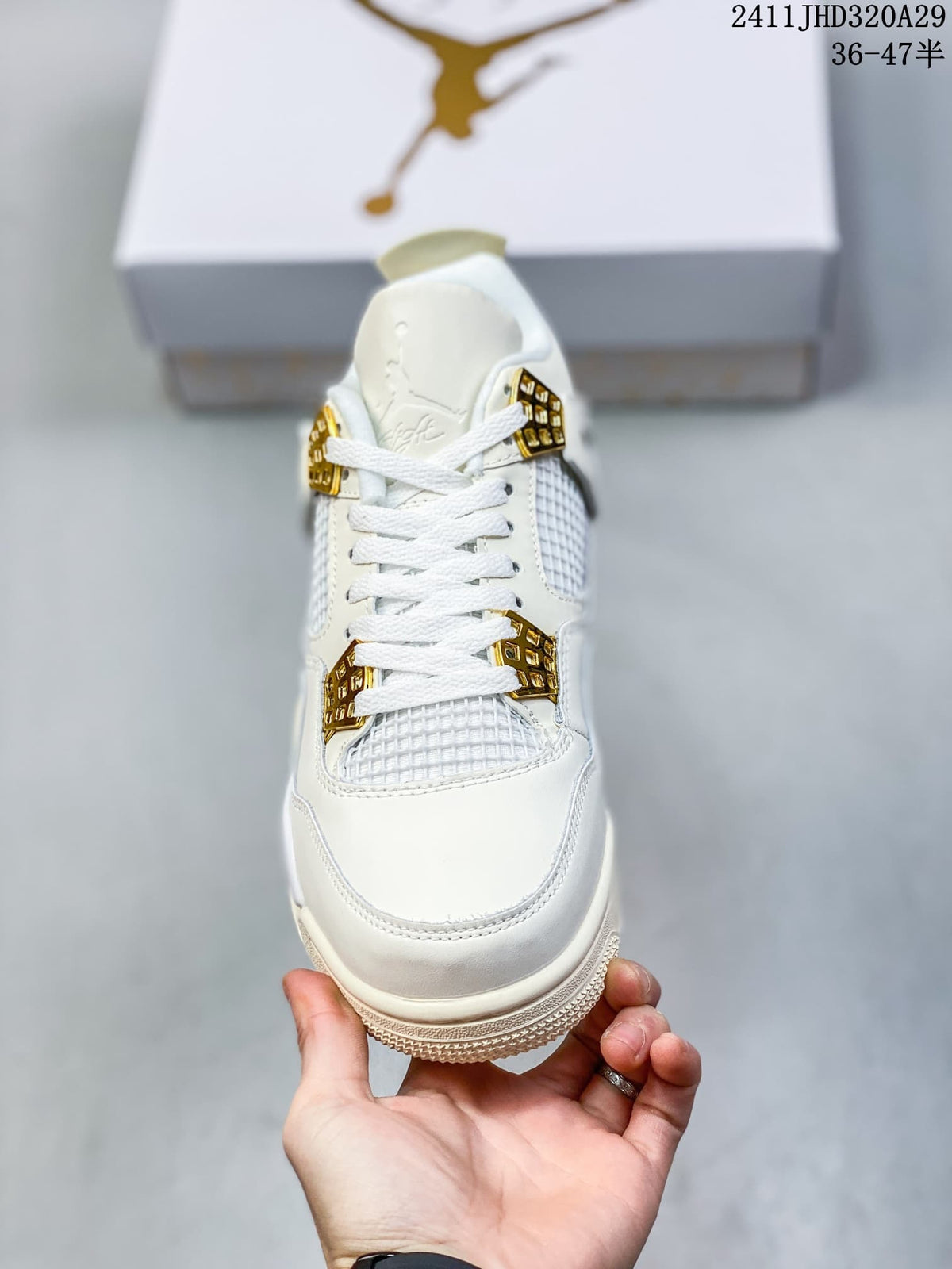 Front view highlighting the white laces, mesh tongue panel, gold-tone lace hardware, and rounded toe.