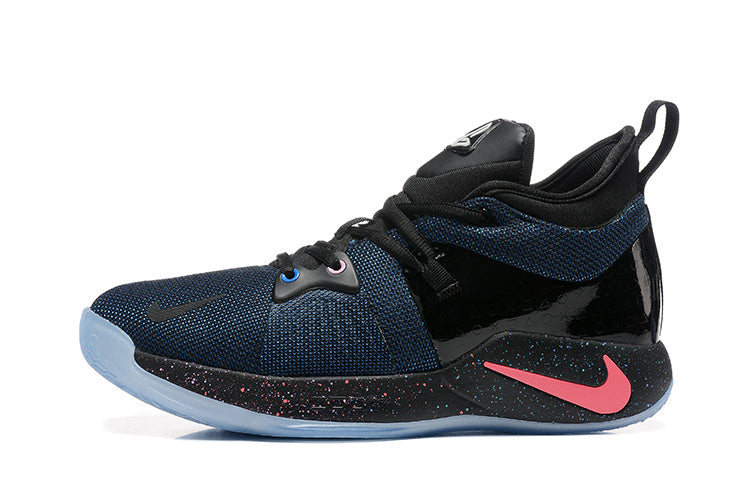 Side view of the black and navy Nike PG 2 shoe with a pink Swoosh