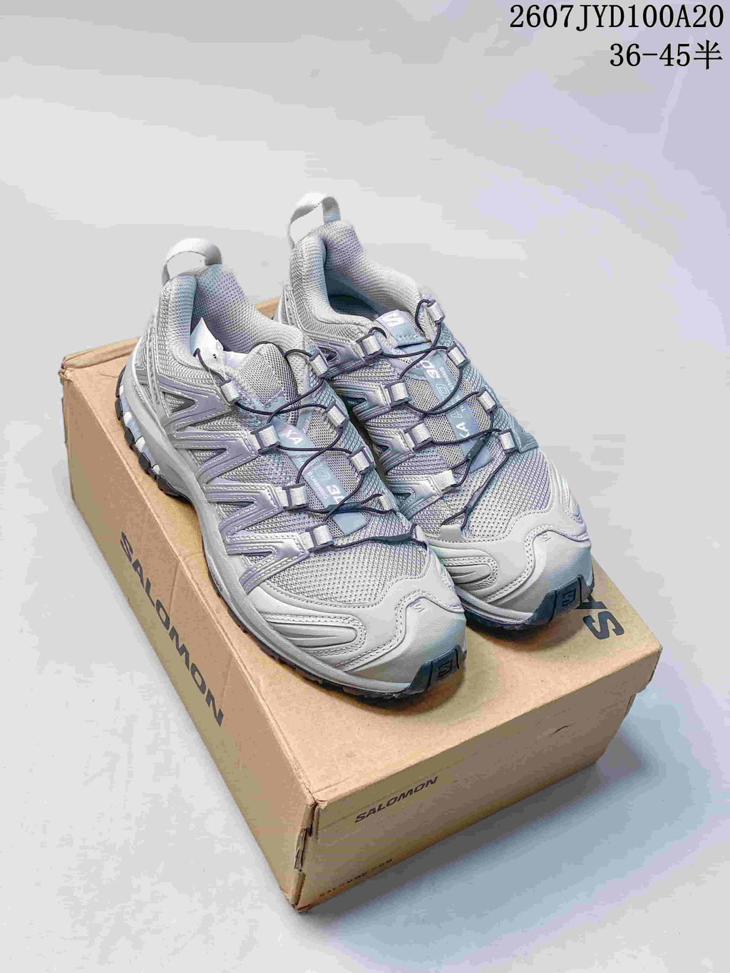 Pair of grey Salomon XA PRO 3D trail running shoes displayed on a Salomon shoe box.