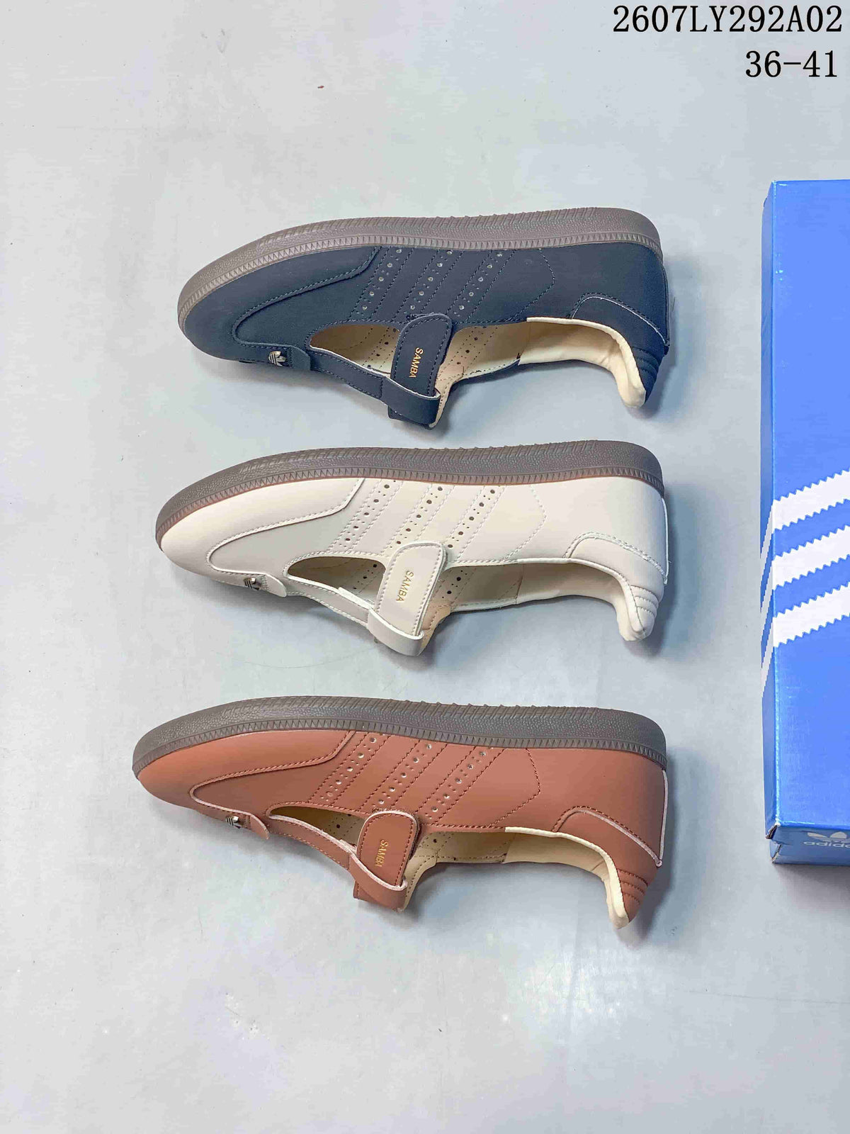 Brown, off-white and dark Samba Jane sneakers arranged side by side to show the available color options and side profiles.