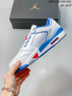 Side profile showing the white upper, blue and red accents, and visible midsole window