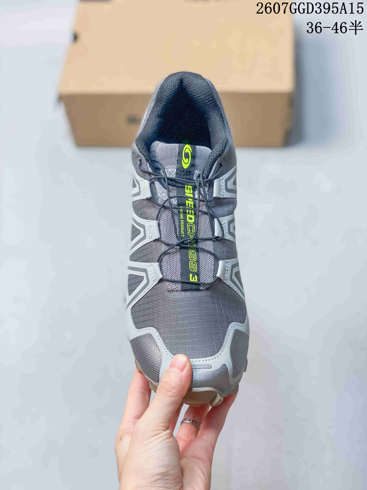 Top view showing the gray mesh upper, lace fastening, padded collar, and lime-green SPEEDCROSS 3 branding.