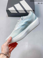 Side profile of a pale blue running shoe with white midsole