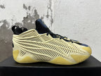 Side profile showing the cream openwork cage panels and translucent yellow sole