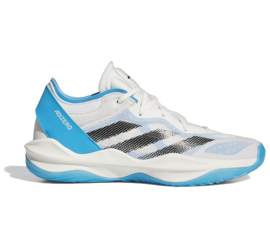 Side view of a white Adidas Adizero shoe with black stripes and blue outsole.