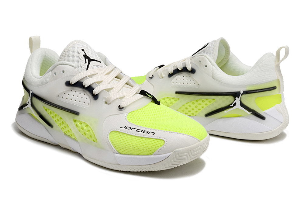 Side view of white and fluorescent lime Jordan Heir shoes