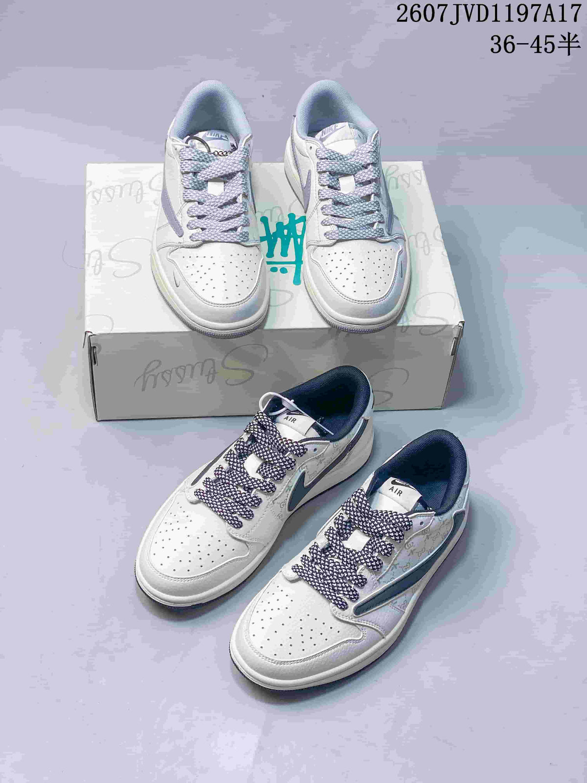Multiple views of the white and grey low-top sneaker pair, showing the perforated toe boxes, patterned laces and contrasting side details.