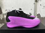 Side view showing the textured purple panels on a black high-top sneaker