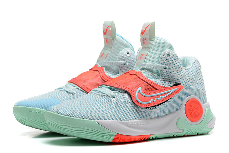 Pale blue-green Nike KD basketball shoes with a coral midfoot strap and mint outsole.