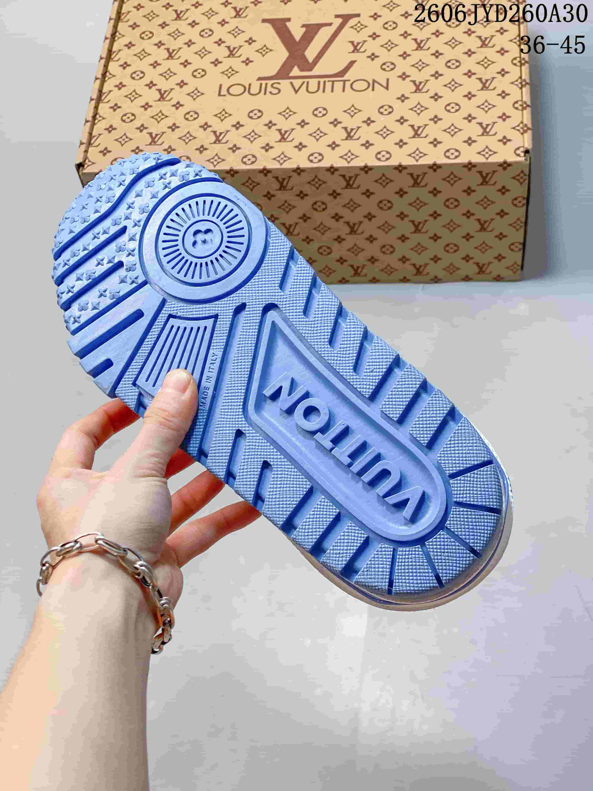 Blue patterned outsole of a Louis Vuitton Trainer Maxi sneaker