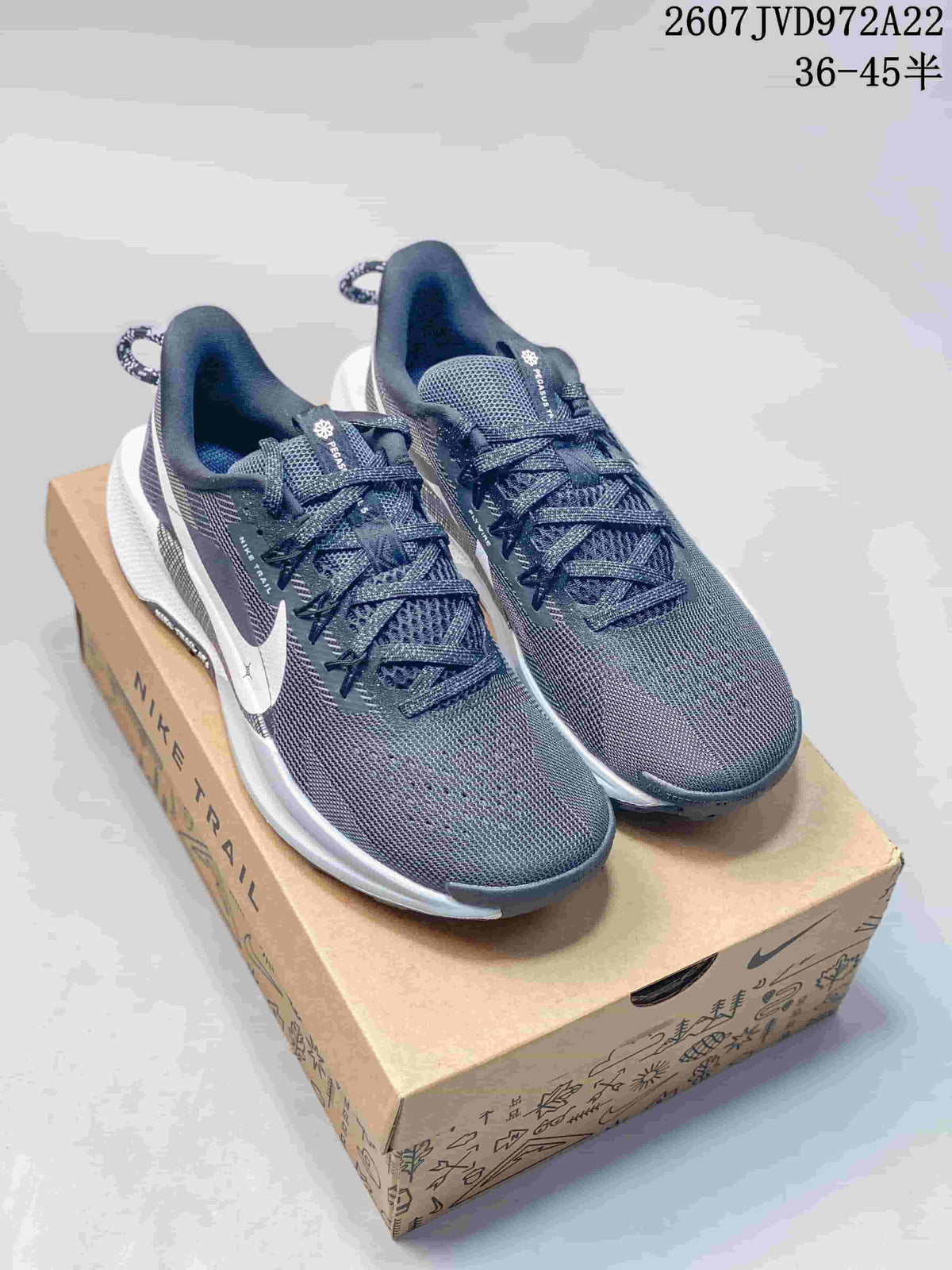 Pair of Nike Wildhorse 10 trail sneakers shown from above on a Nike shoebox.