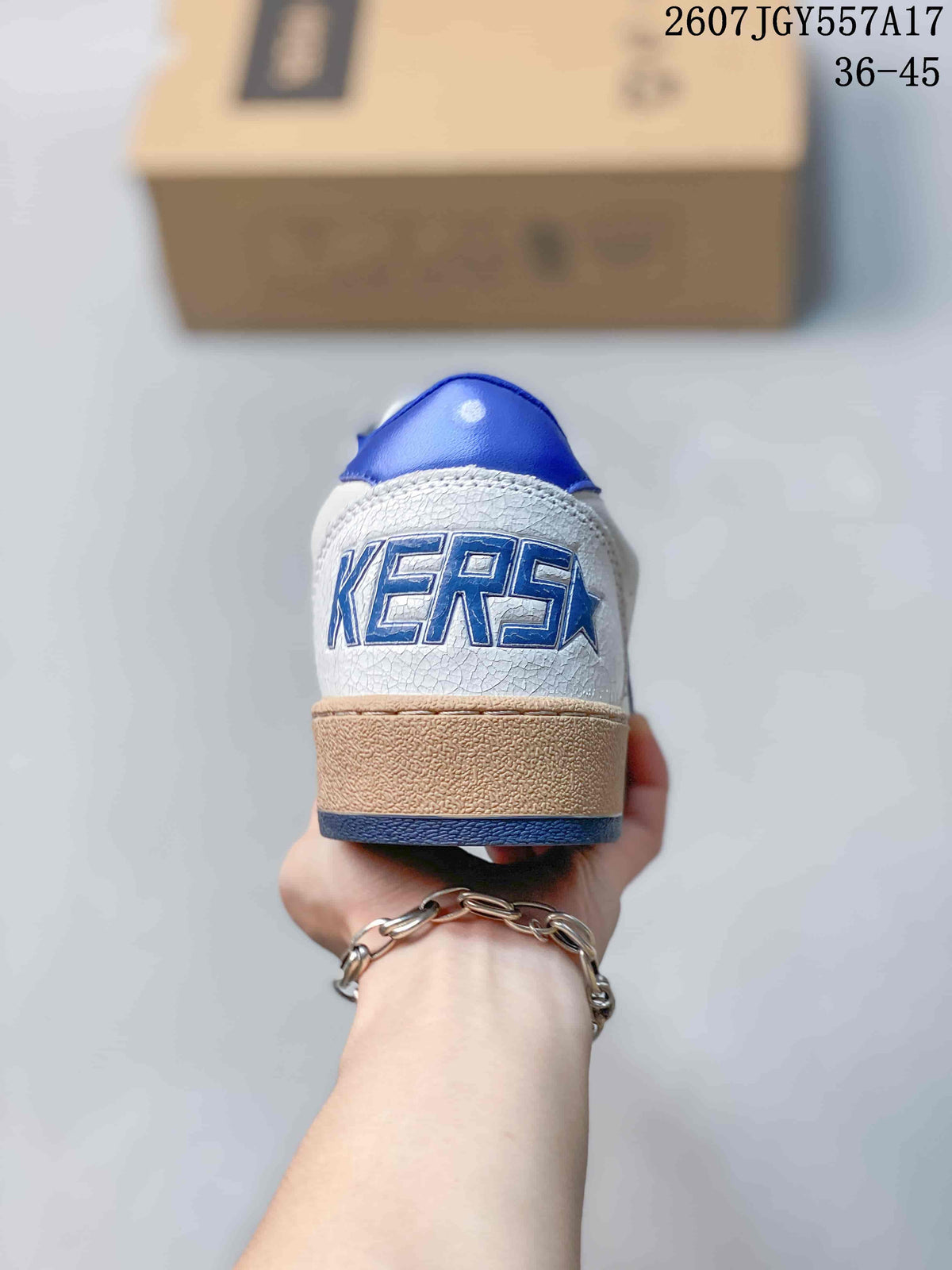 Rear view of the sneaker showing the blue heel tab, textured white heel panel, and blue-outlined lettering.