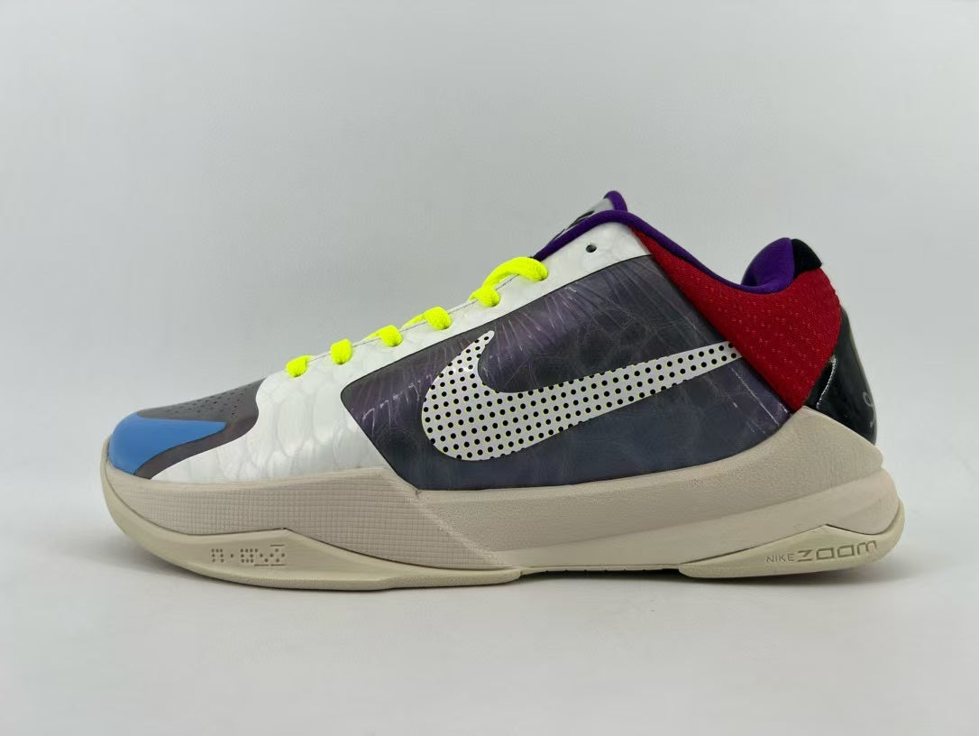 Side profile of the shoe with multicolor panels and beige-colored sole