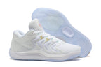 White Nike KD 17 basketball shoes with pale blue outsole accents.