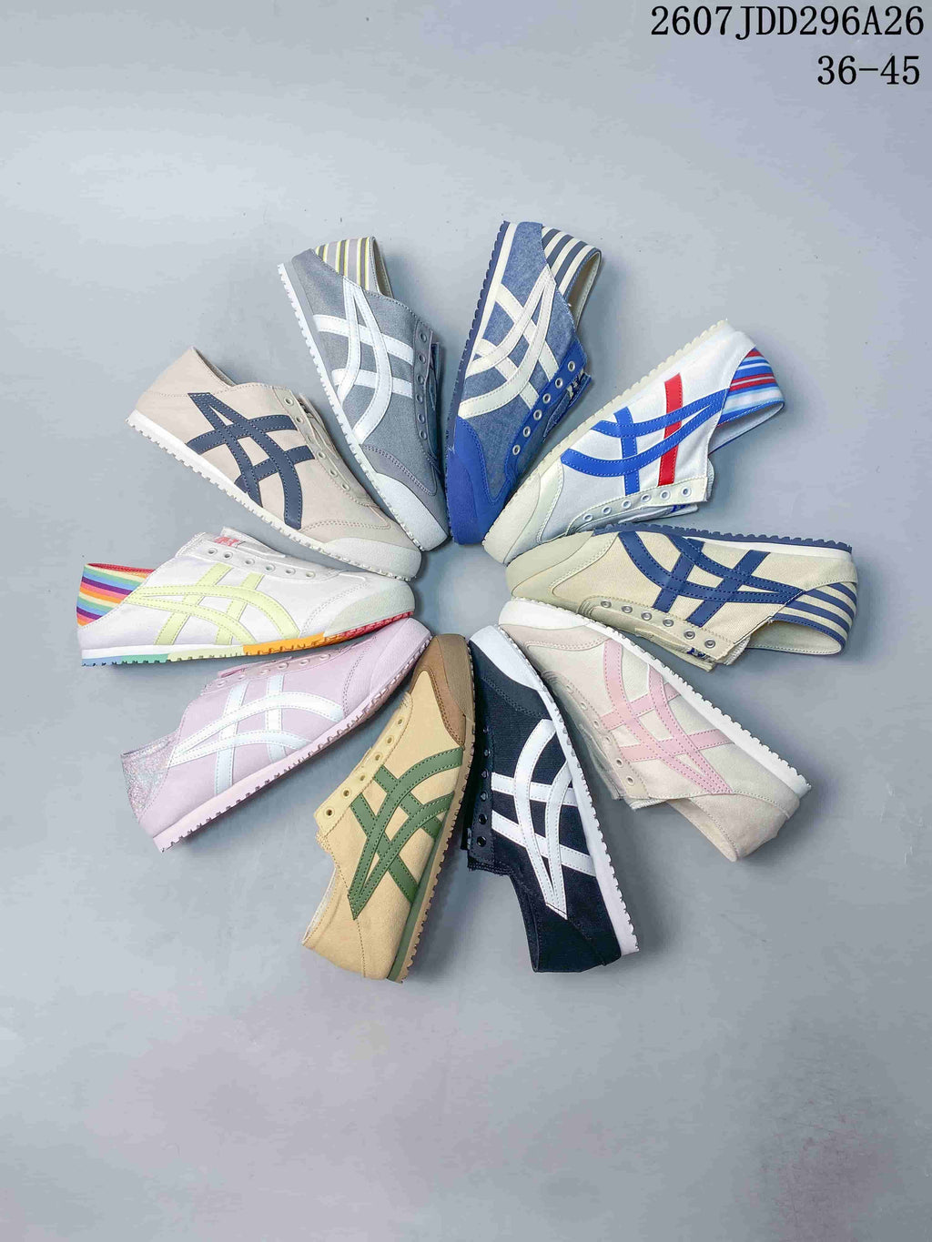 Overhead arrangement showing multiple Onitsuka Tiger Mexico 66 colorways, including blue, white, beige, black, pink, and multicolor designs.
