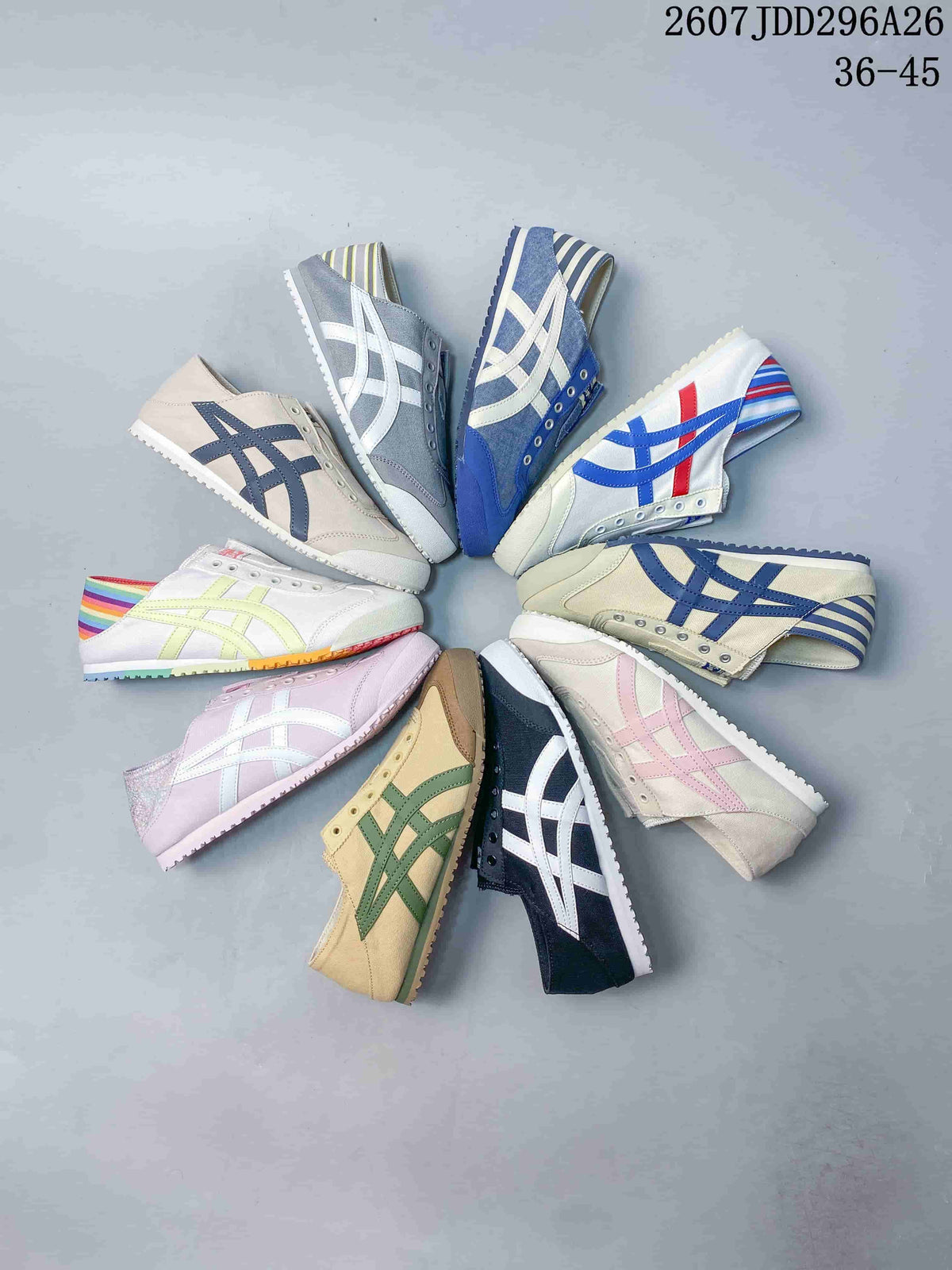 Overhead arrangement showing multiple Onitsuka Tiger Mexico 66 colorways, including blue, white, beige, black, pink, and multicolor designs.