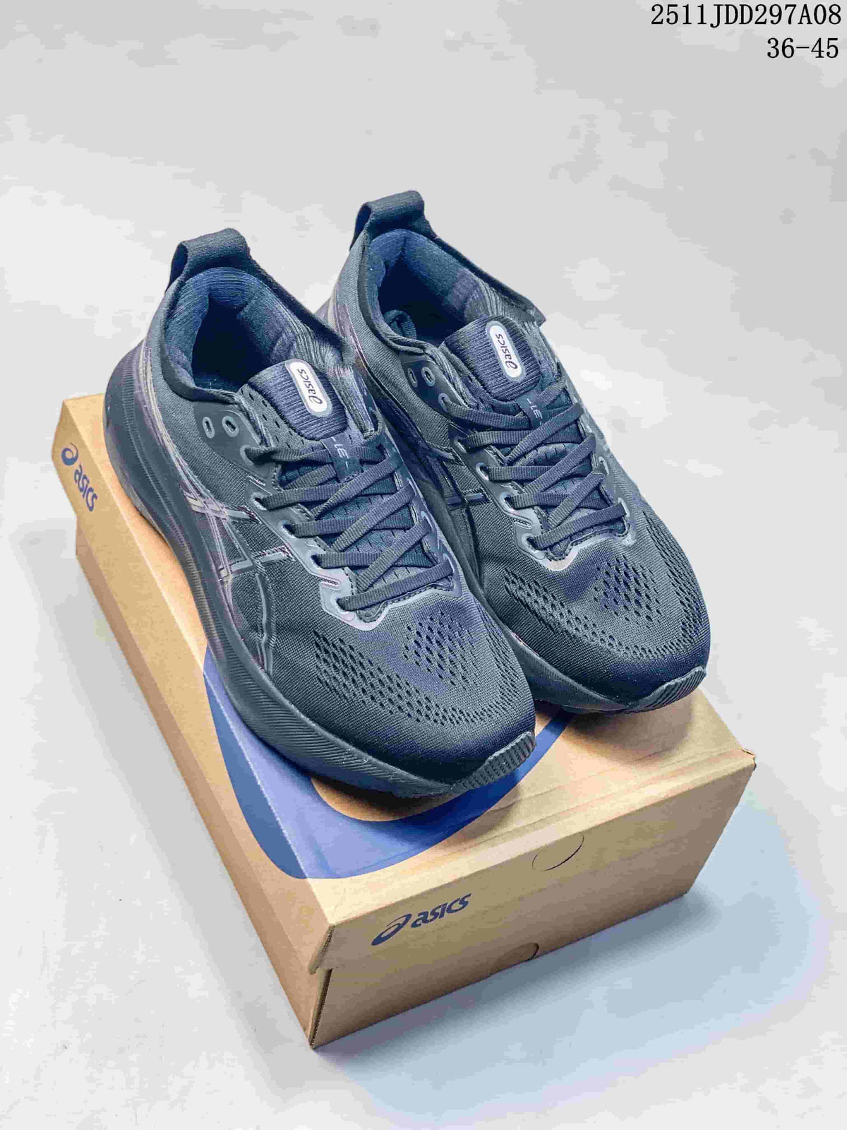 Pair of dark gray ASICS sneakers displayed on a branded shoe box, with style code 2511JDD297A08 and size range 36–45 visible above.