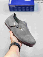 Gray closed-toe sandal with two buckle straps; size range text appears in the image.