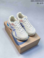Pair of off-white ASICS GEL-KAHANA 8 shoes with blue and red accents, shown on a box; image text gives a 36–45.5 size range.